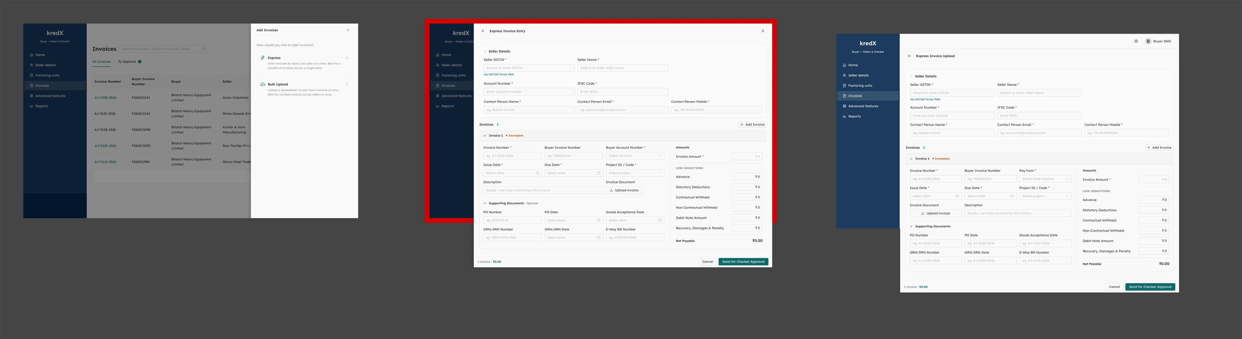 Invoice list, the Add Invoice chooser drawer, and the Express form
