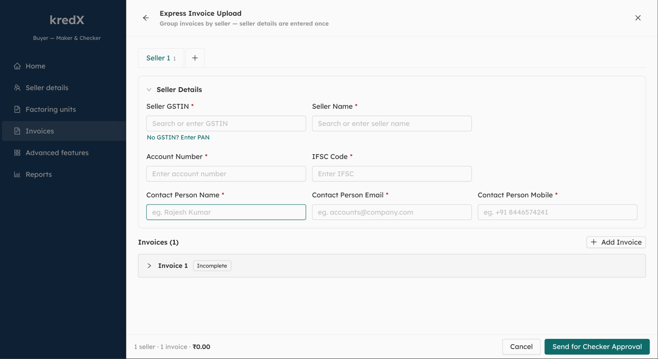 The multi-seller tab strip explored for Express, with a seller tab bar above the form