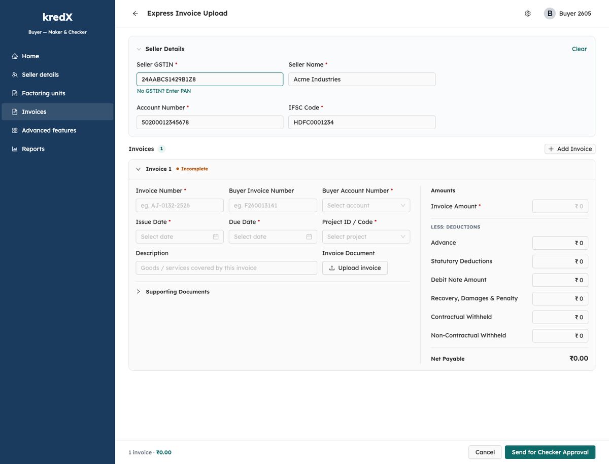 Express invoice upload — the form in its filled state, with the amounts ledger on the right